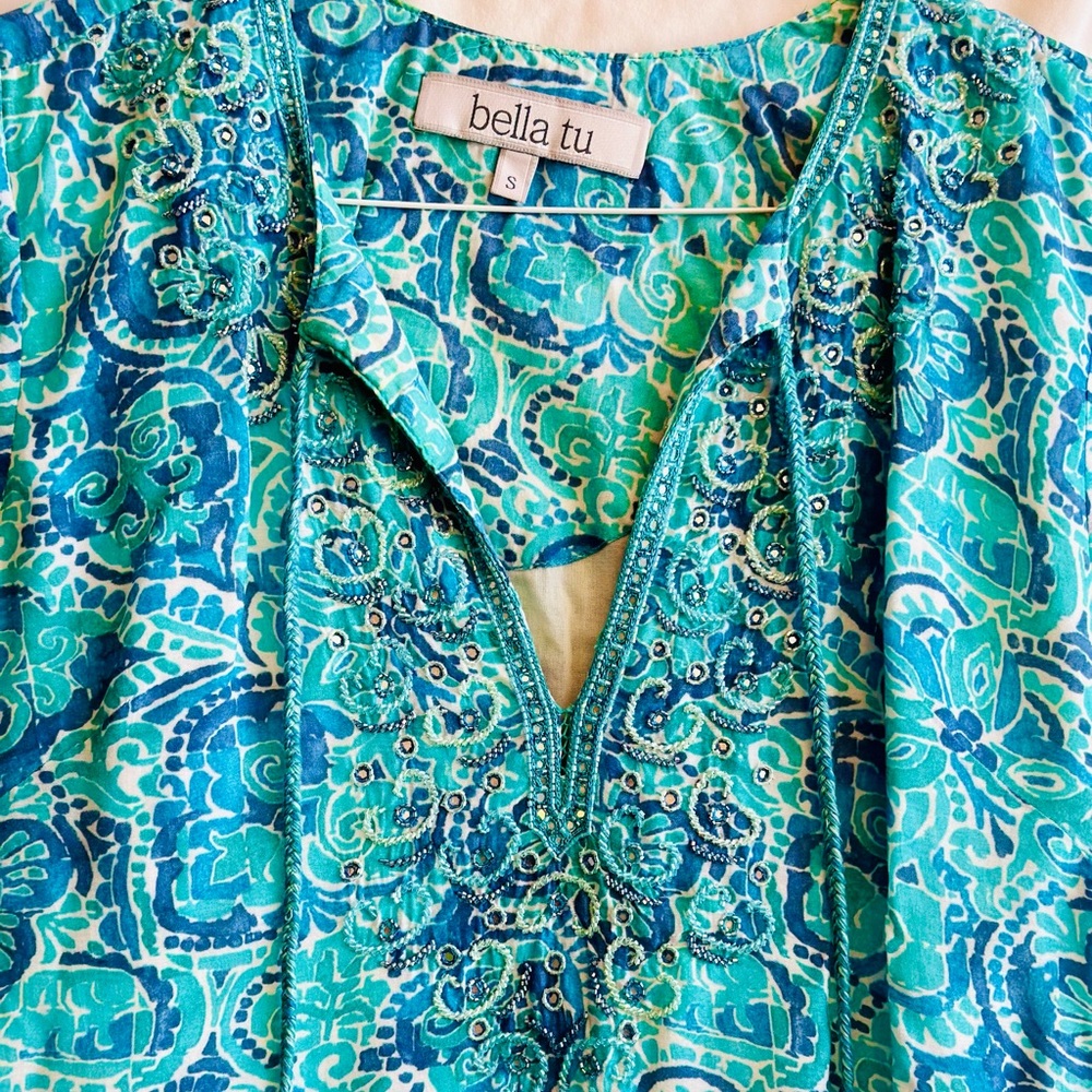 Bella Tu dress. Size small. Turquoise, aqua and blue with sequence.